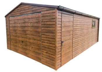 Blechgarage 4x6m Horizontal Blech - Dunkles Walnussholz Holzoptik Schwingtor ID79