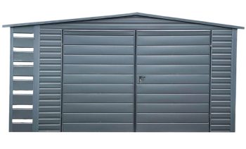 Gartenhaus - Gartenschuppen 4x3m + Überdachung 0,5m - Zweiflügeliges Tor - Anthrazit - Flachdach GP419