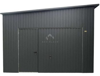 Blechgarage 4,5x10m - 2x Schwingtor - 2x Tür - PVC Kippfenster - Anthrazit - Dachrinnen - Dach mit seitlichem Gefälle ID925