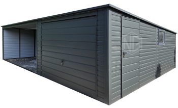 Blechgarage 3,5x6m + Überdachung 5m - Schwingtor - PVC Kippfenster - Tür - Anthrazit - Flachdach | GP574 |