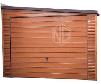 Blechgarage 3,5x6m Horizontal Blech Dach mit einer Neigung nach rechts 2x Schwingtor Holzoptik ID161