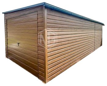 Blechgarage 3,5x8m + Überdachung 1m - Schwingtor - Tür - Dachrinnen - Goldene Eiche - Holzoptik Dach mit seitlichem Gefälle ID612