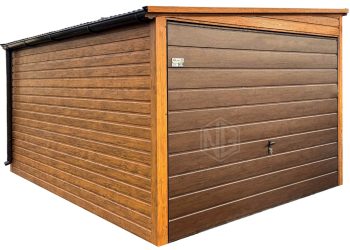 Blechgarage 3x4,5m - Schwingtor - Holzoptik - Dachrinnen - Pultdach mit Neigung zur Seite ID888