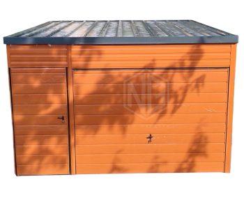 Blechgarage  4x5m -Schwingtor Tür - Holzoptik - Dachrinnen GP199