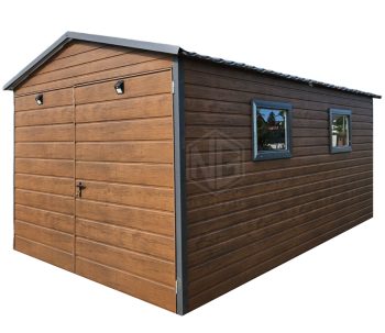 Blechgarage 3x5m - Zweiflügeliges Tor - 2x PVC Kippfenster - Metalldachziegel - Dunkles Walnussholz - Holzoptik - Satteldach ID709