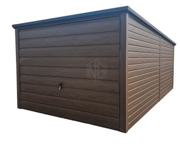 Blechgarage 3x6m - Schwingtor - Dunkles Walnussholz - Holzoptik - Flachdach ID560