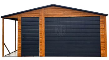 Blechgarage 4,5x5m + Überdachung 1m - Schwingtor - Dachrinnen - Helles Walnussholz - Satteldach ID712