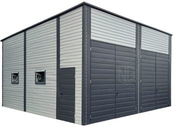 Blechhalle - Lagerhalle 7x8m - 2x Zweiflügeliges Tor - 4x PVC Kippfenster - Tür - Anthrazit - Silber - Dachrinnen - Flachdach ID893