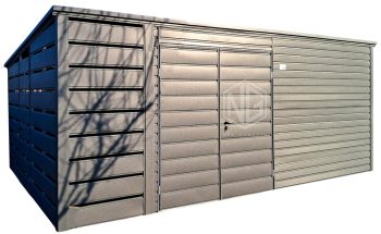 Blechgarage Gartenschuppen 4,5x4,5m + Überdachung 1m - 2x Tür - Anthrazit - Flachdach | ID967 |