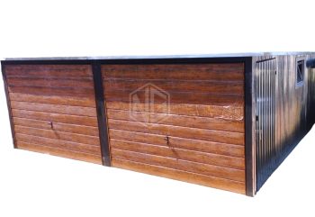 Blechgarage  6x6m - 2x Schwingtor - Holzoptik  +  Zusätzliche Tür  + 2X PVC KIPPFENSTER - Verzinkt - Pultdach  GP205