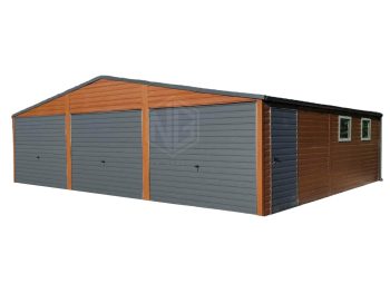 Blechgarage 9x6m Horizontal Blech Dachrinnen 3x Schwingtor 2x PVC Kippfenster Holzoptik ID216