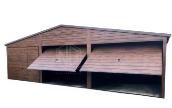 Blechgarage 9x6m 3xSchwingtor + Zusätzliche Tür - Holzoptik - Satteldach GP143