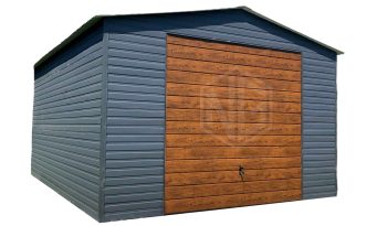 Blechgarage   5x5m - Schwingtor -  Anthrazit + Holzoptik - GP87