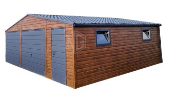 Blechgarage 8x7m 2x Schwingtor 2x PVC Kippfenster Metalldachziegel Holzoptik ID271