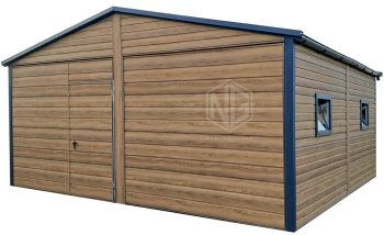 Blechgarage 6x5,8m - 2x Schwingtor - 6x PVC Kippfenster - 2x Tür - Dachrinnen - Metalldachziegel - Winchester - Holzoptik - Satteldach | ID983 |