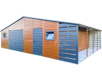 Blechgarage 8,5x6m + Überdachung 1,5m - Schwingtor - Tür - 3x PVC Kippfenster - Helles Walnussholz - Holzoptik - Anthrazit - Satteldach ID683