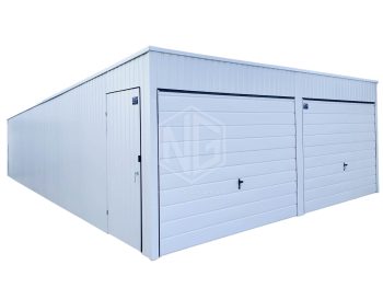 Blechgarage  6x7m -2x Schwingtor + Zusätzliche Tür Weiß Pultdach GP140