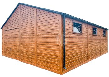 Blechgarage 7x7m -Schwingtor - Tür - 6x PVC Kippfenster - Helles Walnussholz - Holzoptik - Dachrinnen - Satteldach ID682