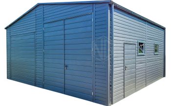Blechgarage 7x6m - Schwingtor - Zweiflügeliges Tor - Tür - 4x PVC Kippfenster - Dachrinnen - Satteldach ID606