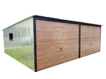 Blechgarage  6x8m - 2x Schwingtor - Zusätzliche Tür - Holzoptik + PVC Kippfenster - Verzinkt - Pultdach  GP141