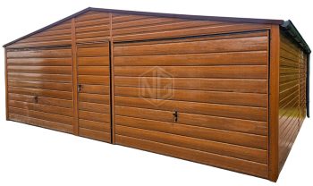 Blechgarage 7x6m - 2x Schwingtor - Tür - Holzoptik - PVC Kippfenster - Dachrinnen - Satteldach | GP598 |