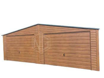 Blechgarage 7x5m-2x Schwingtor-HolzOptik-Helles Walnussholz-Satteldach GP203