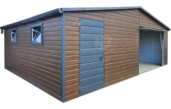 Blechgarage 7,5x5m - Schwingtor - Tür - 2x PVC Kippfenster - Holzoptik - Dachrinnen - Satteldach ID789