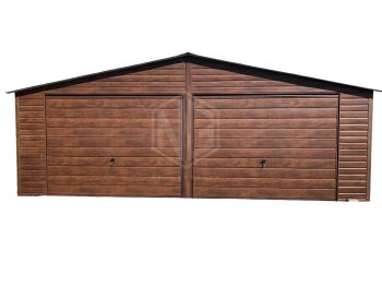 Blechgarage  7x6m - 2x Schwingtor + Zusätzliche Tür - holzoptik -  Satteldach GP130