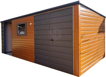 Gartenhaus - Gartenschuppen 4,5x2,5m + Überdachung 2m - Zweiflügeliges Tor - PVC Kippfenster - Holzoptik - Flachdach | ID1001 |