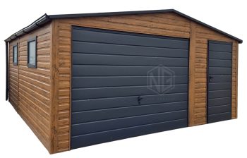 Blechgarage 4,5x5m - Schwingtor - Tür - 2x PVC Kippfenster - Anthrazit - Holzoptik - Dachrinnen - Satteldach | GP632 |