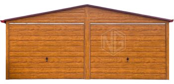 Blechgarage 6x6m - 2x Schwingtor - Tür - Holzoptik - Dachrinnen - Satteldach | GP633 |