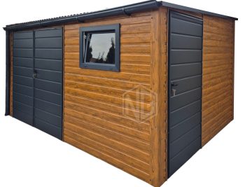 Gartenhaus - Gartenschuppen 4x2m - Zweiflügeliges Tor - Tür - PVC Kippfenster - Holzoptik - Anthrazit - Dachrinnen - Dach neigt sich nach vorne | GP613 |