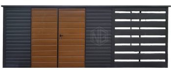 Gartenhaus - Gartenschuppen 4x3m + Überdachung 2m - Zweiflügeliges Tor - PVC Kippfenster - Anthrazit - Holzoptik - Dachrinnen - Flachdach | GP616 |