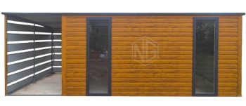 Gartenhaus - Gartenschuppen 4x2,5m + Überdachung 1,5m - Tür - 2x PVC fenster - Holzoptik - Flachdach | GP614 |