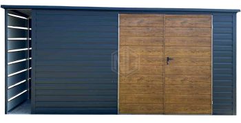 Gartenhaus - Gartenschuppen 4,5x2m + Überdachung 0,5m - Zweiflügeliges Tor - Holzoptik - Anthrazit - Flachdach | GP609 |