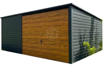 Blechgarage 5x5m - Schwingtor - Anthrazit - Holzoptik - Flachdach | GP590 |