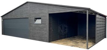 Blechgarage - Premium Garage 8x6m + Überdachung 3x6m - Sektionaltor - Tür - PVC Kippfenster - Norwegische Kiefer - Anthrazit - Holzoptik - Dachrinnen - Satteldach ID892