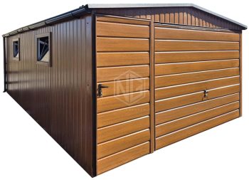 Blechgarage 4x6m - Schwingtor - Tür - 2x PVC Kippfenster - Holzoptik - Dachrinnen - Satteldach | GP584 |