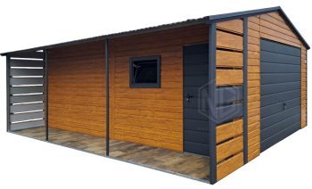 Blechgarage 4x5m + Überdachung 1m - Tür - PVC Kippfenster - Holzoptik - Anthrazit - Satteldach | ID988 |