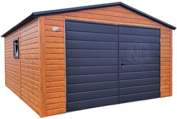 Blechgarage 4x5m - Zweiflügeliges Tor - PVC Kippfenster - Holzoptik - Satteldach | ID981 |