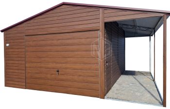 Blechgarage 4x6m + Überdachung 1,5m - Schwingtor - Tür - Holzoptik - Satteldach | ID982 |