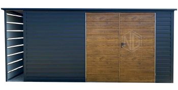 Gartenhaus - Gartenschuppen 4x3m + Überdachung 0,5m - Zweiflügeliges Tor - Holzoptik - Anthrazit - Flachdach | GP569 |