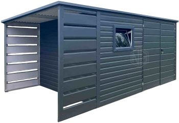 Gartenhaus - Gartenschuppen 4x2,5m + Überdachung 1m - Zweiflügeliges Tor - PVC Kippfenster - Anthrazit - Flachdach | GP567 |