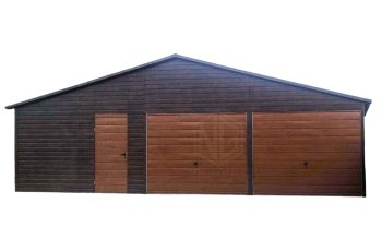 Blechgarage 10x5m 2x Schwingtor + Zusätzliche Tür - Holzoptik - Satteldach GP144