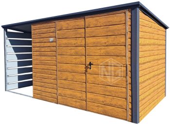 Gartenhaus - Gartenschuppen 3,5x2m + Überdachung 1,5m - Zweiflügeliges Tor - Holzoptik - Flachdach | ID971 |