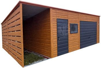 Blechgarage 6x6m + Überdachung 1,5m - Schwingtor - Tür - PVC Kippfenster - Holzoptik - Anthrazit - Flachdach | ID968 |