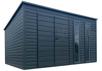 Gartenhaus - Gartenschuppen 4,5x3m - Zweiflügeliges Tor - 2x PVC Fenster - Anthrazit - Flachdach GP560