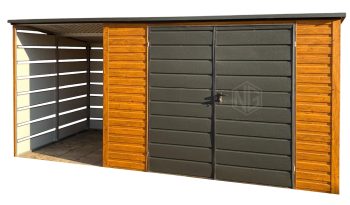 Gartenhaus - Gartenschuppen 3x2m + Überdachung 1,5m - Zweiflügeliges Tor - Holzoptik - Flachdach GP559