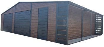 Blechgarage 10x6m + Überdachung 1m - 2x Schwingtor - 2x PVC Kippfenster - Tür - Holzoptik - Dachrinnen - Satteldach GP455