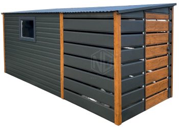 Gartenhaus - Gartenschuppen 3x2m + Überdachung 2m - 2x Tür - PVC Kippfenster - Holzoptik - Flachdach GP554